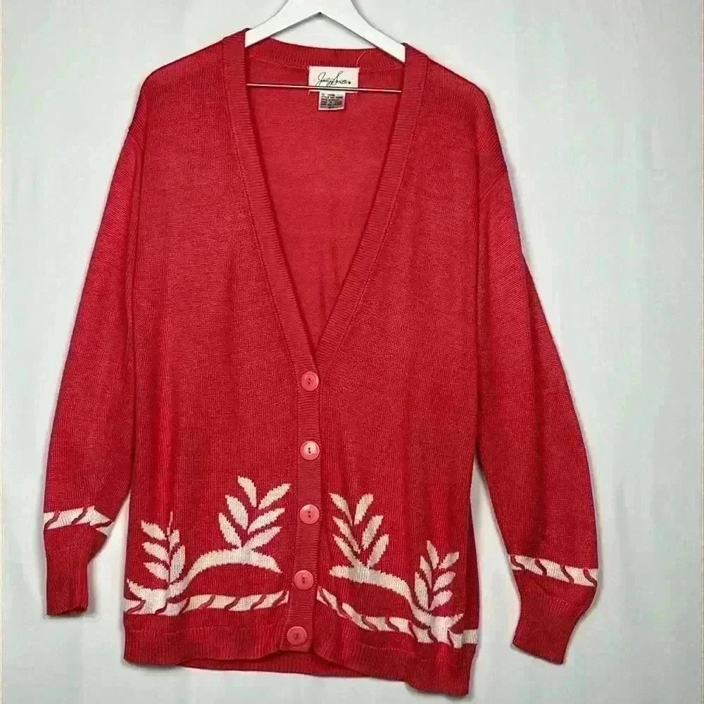 Jaclyn Smith Womens Cardigan Tangerine White L Floral Print Button Down Vintage